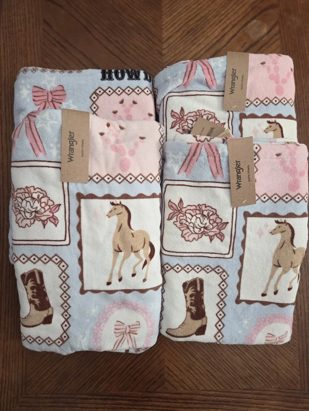Nwt Wrangler Western Stamps Blue Bath Towel Set Of 4